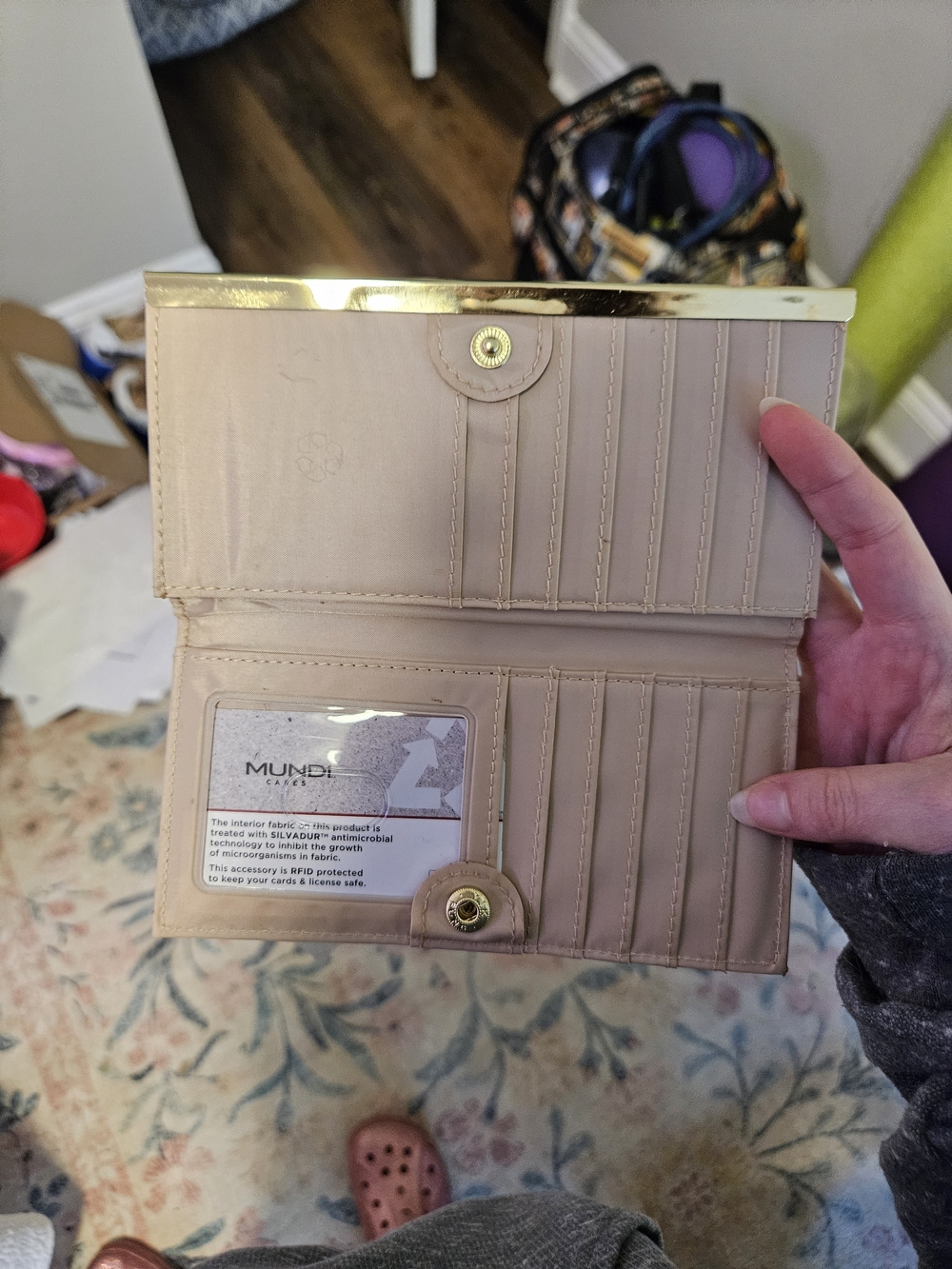 mundi Nude Beige Trifold Wallet with Gold Trim